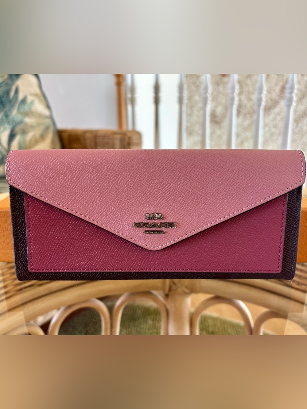 COACH Pink and Berry Colorblock Envelope Soft Wallet Crossgrain Leather